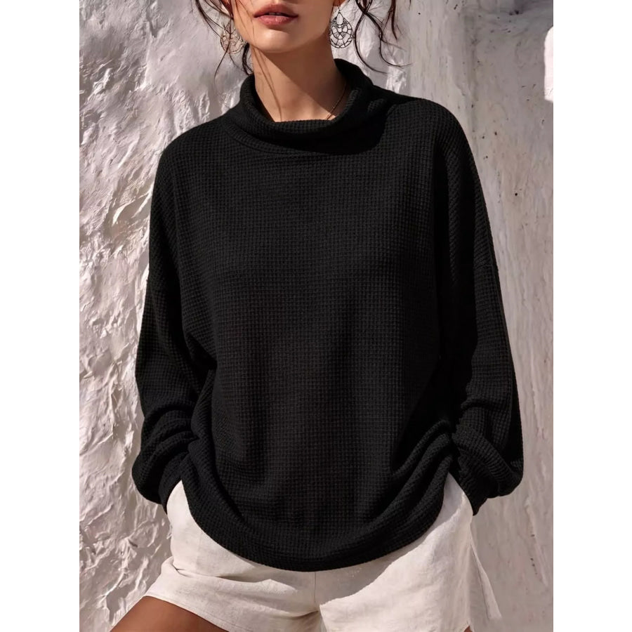 Full Size Waffle Knit Mock Neck Long Sleeve T-Shirt Plus Black / S Apparel and Accessories