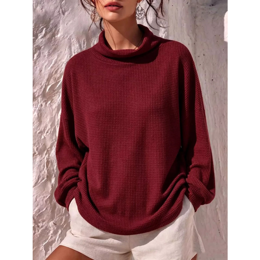 Full Size Waffle Knit Mock Neck Long Sleeve T-Shirt Plus Burgundy / S Apparel and Accessories