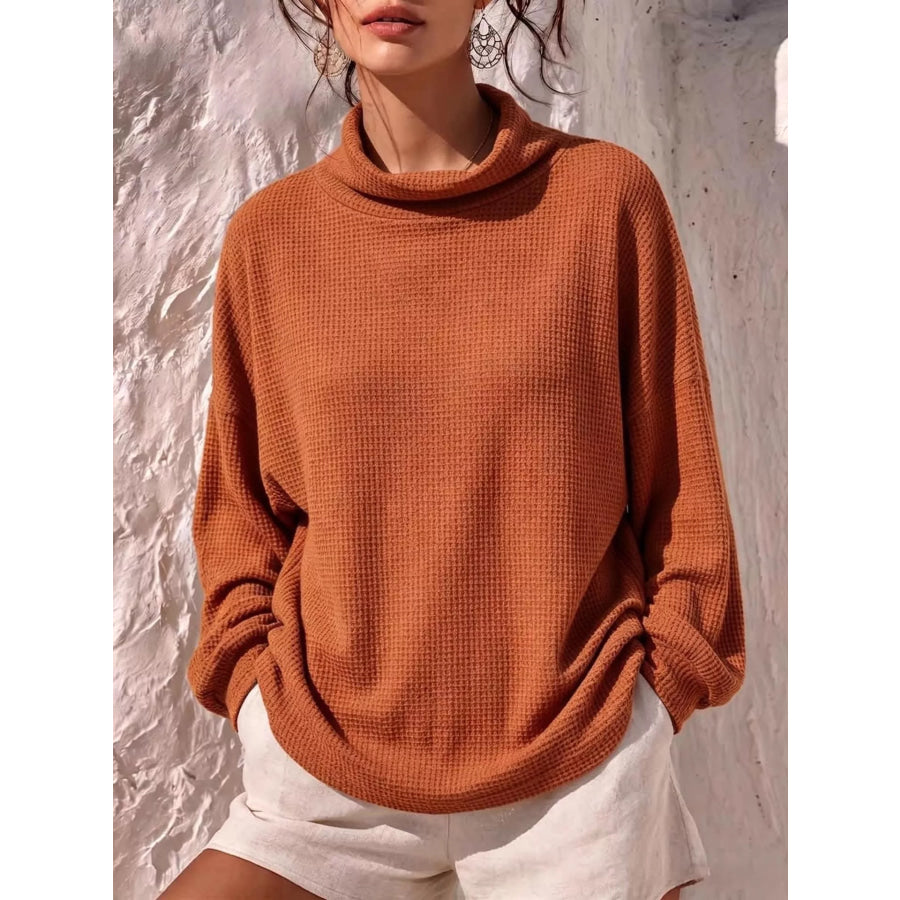 Full Size Waffle Knit Mock Neck Long Sleeve T-Shirt Plus Terracotta / S Apparel and Accessories