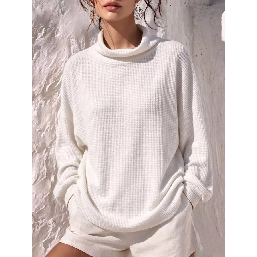 Full Size Waffle Knit Mock Neck Long Sleeve T-Shirt Plus White / S Apparel and Accessories