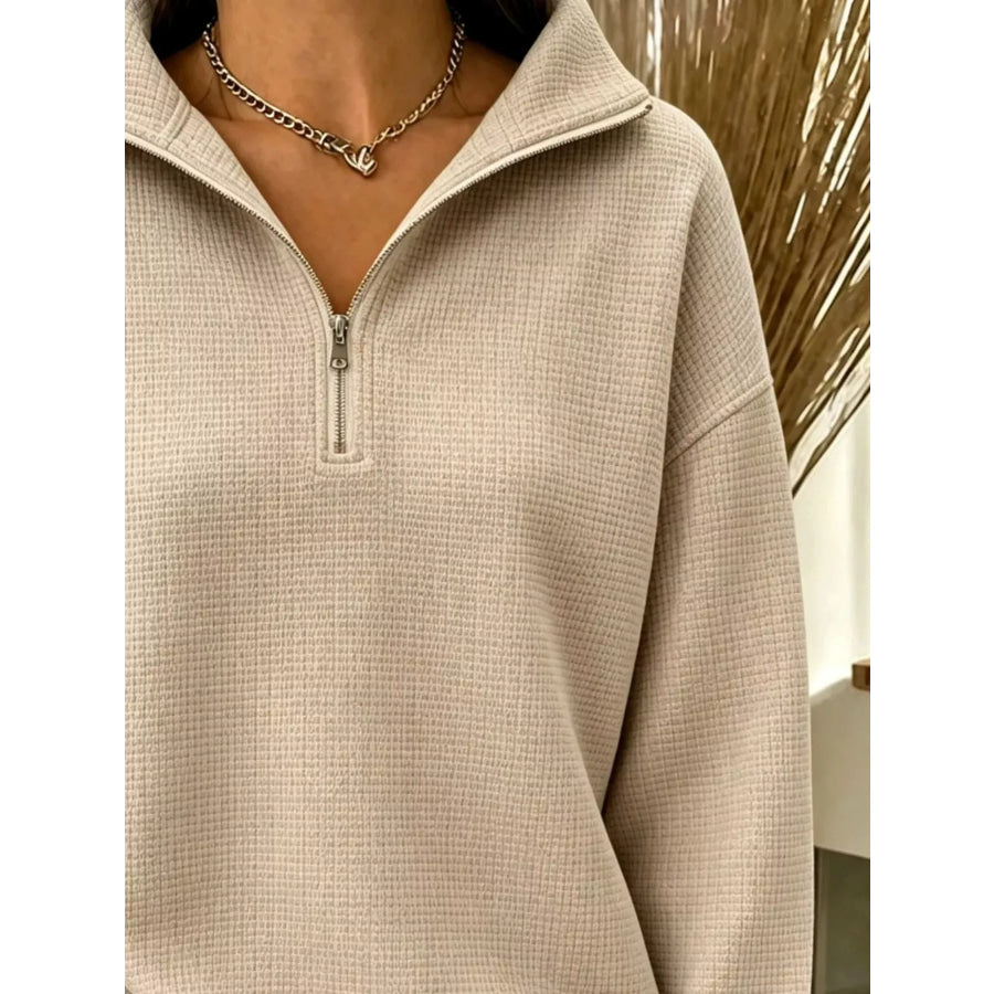 Full Size Waffle Knit Quarter-Zip Sweatshirt Plus Apparel and Accessories