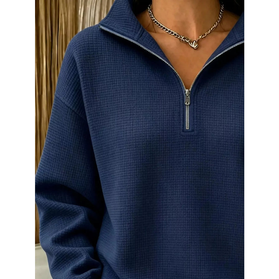 Full Size Waffle Knit Quarter-Zip Sweatshirt Plus Apparel and Accessories