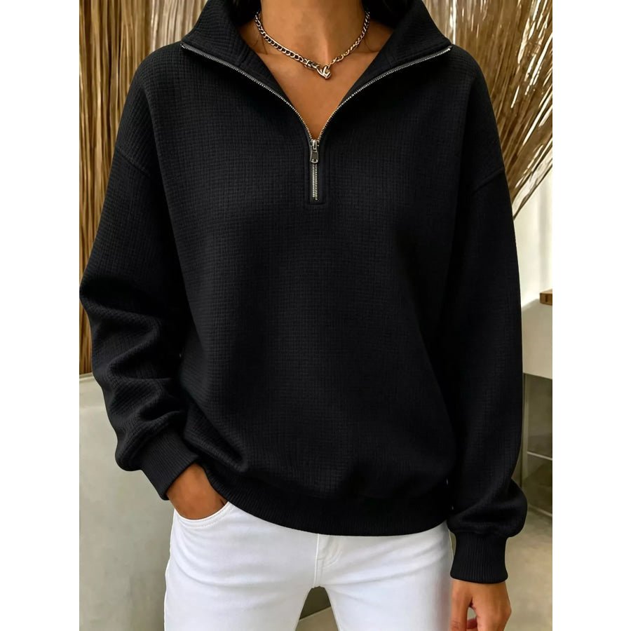 Full Size Waffle Knit Quarter-Zip Sweatshirt Plus Black / XS Apparel and Accessories