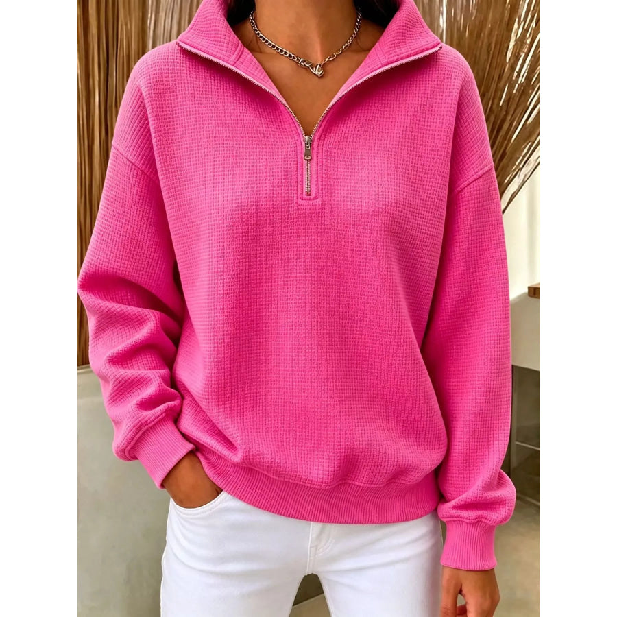 Full Size Waffle Knit Quarter-Zip Sweatshirt Plus Fuchsia Pink / XS Apparel and Accessories