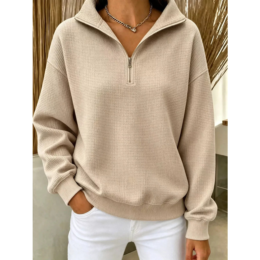 Full Size Waffle Knit Quarter-Zip Sweatshirt Plus Khaki / XS Apparel and Accessories