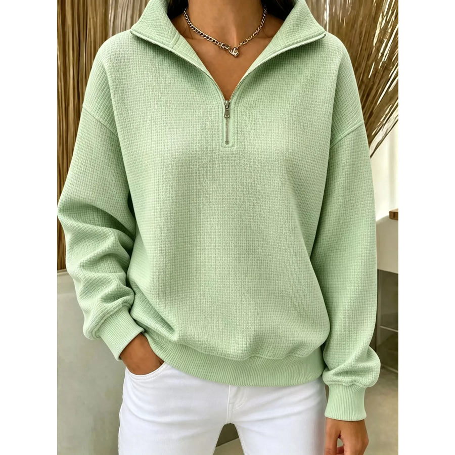 Full Size Waffle Knit Quarter-Zip Sweatshirt Plus Light Green / XS Apparel and Accessories