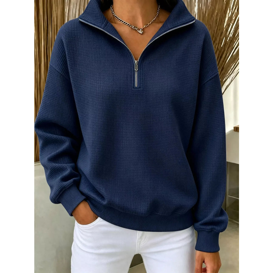 Full Size Waffle Knit Quarter-Zip Sweatshirt Plus Navy / XS Apparel and Accessories