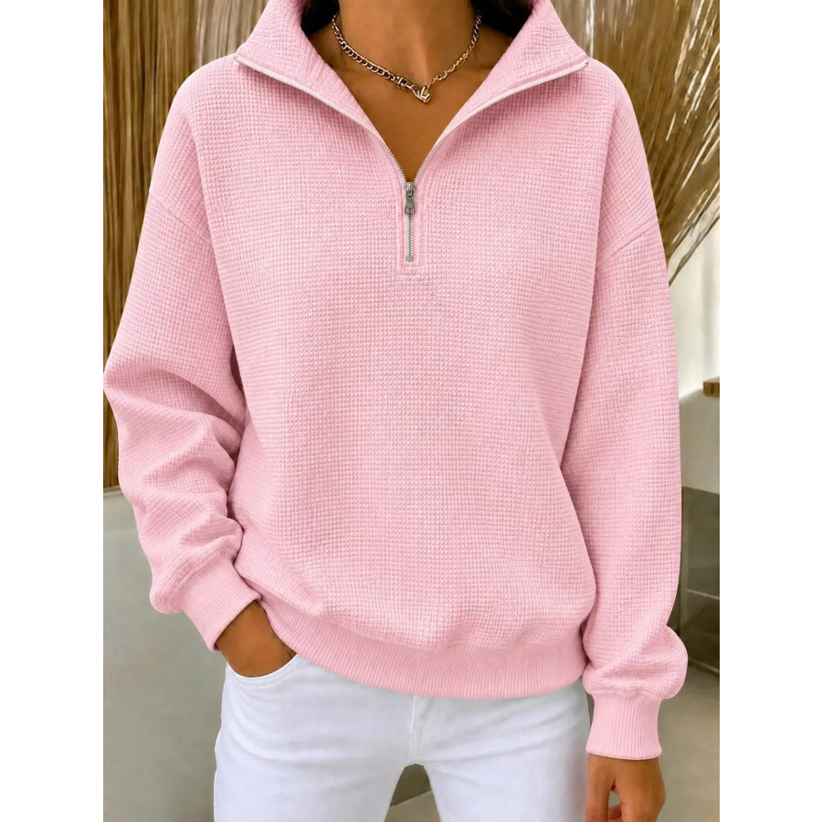 Full Size Waffle Knit Quarter-Zip Sweatshirt Plus Pink / XS Apparel and Accessories
