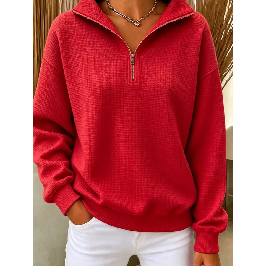 Full Size Waffle Knit Quarter-Zip Sweatshirt Plus Red / XS Apparel and Accessories