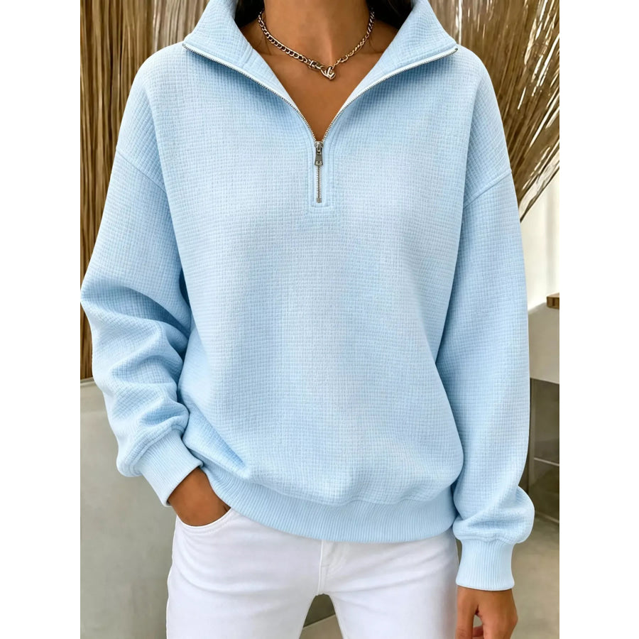Full Size Waffle Knit Quarter-Zip Sweatshirt Plus Sky Blue / XS Apparel and Accessories