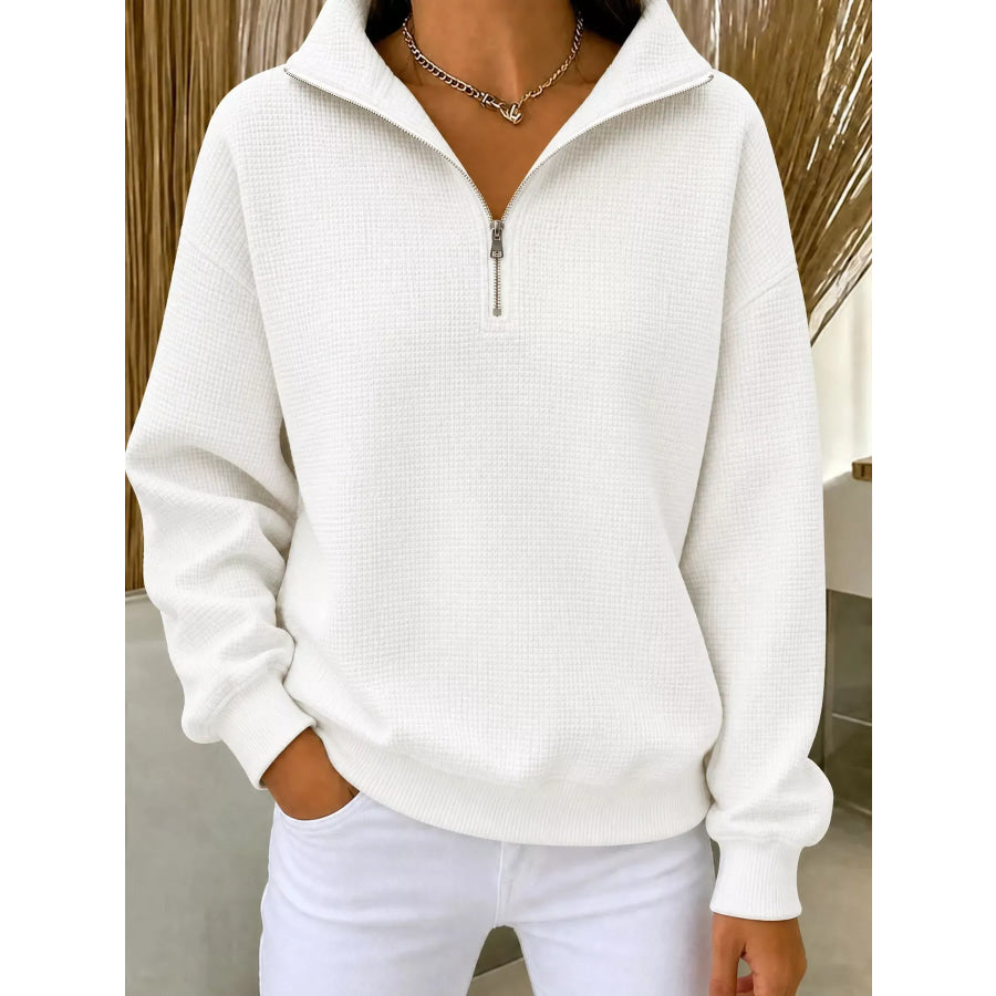 Full Size Waffle Knit Quarter-Zip Sweatshirt Plus White / XS Apparel and Accessories