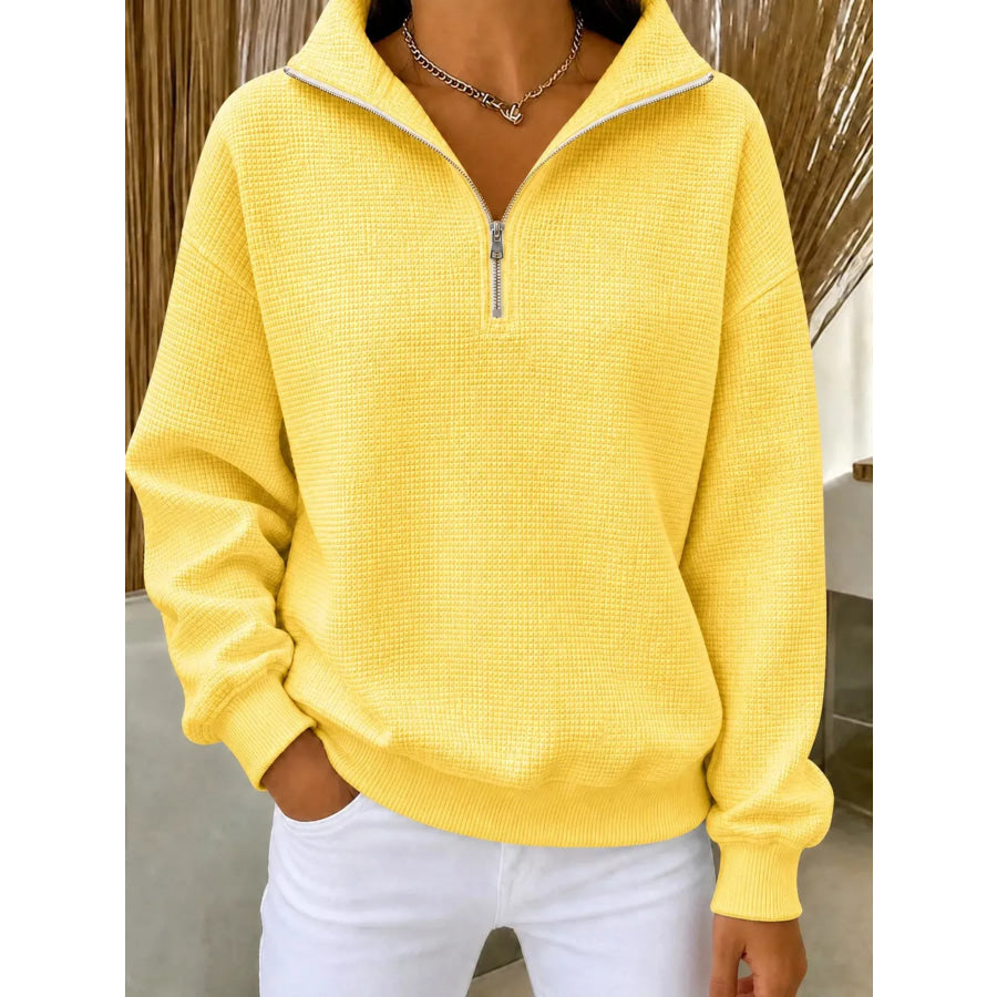 Full Size Waffle Knit Quarter-Zip Sweatshirt Plus Yellow / XS Apparel and Accessories