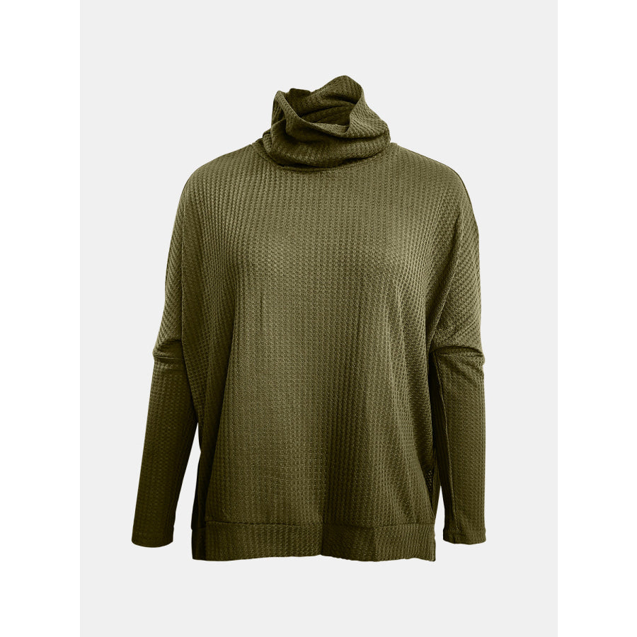 Full Size Waffle Knit Turtleneck Long Sleeve T-Shirt Army Green / S Apparel and Accessories