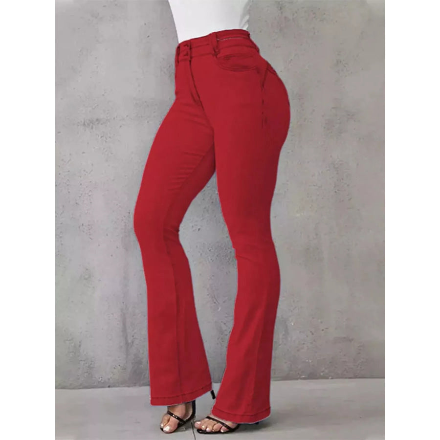 Full Size Wash High-Waisted Flare Jeans Plus Size Red / S Apparel and Accessories