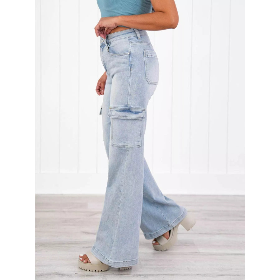 Full Size Wash Wide Leg Cargo Jeans Plus Size Light Blue / S Apparel and Accessories