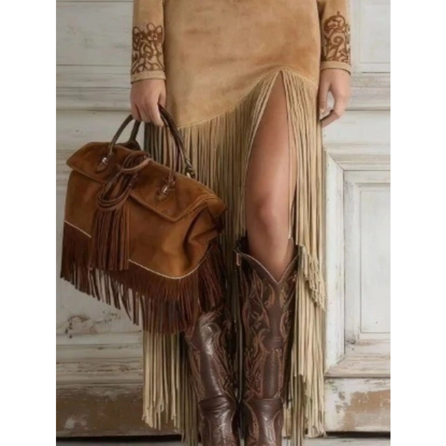 Full Size Western-Inspired Suede Fringed Maxi Dress with Embroidered Detailing Plus Apparel and Accessories