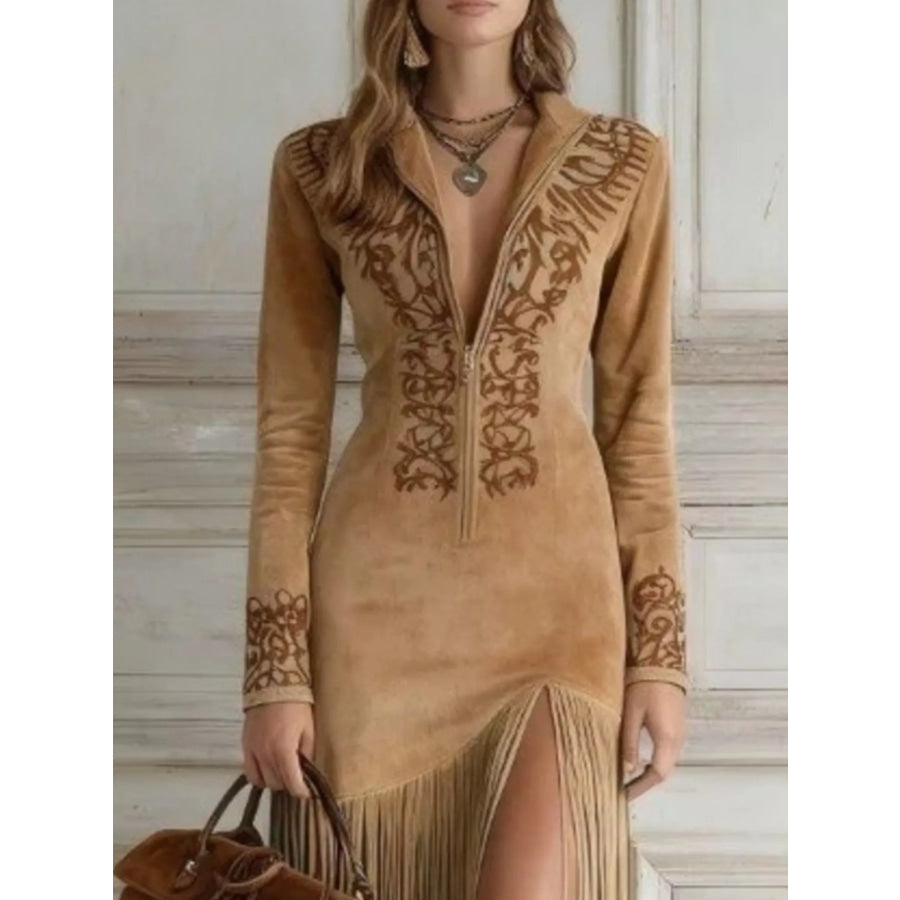 Full Size Western-Inspired Suede Fringed Maxi Dress with Embroidered Detailing Plus Camel / S Apparel and Accessories