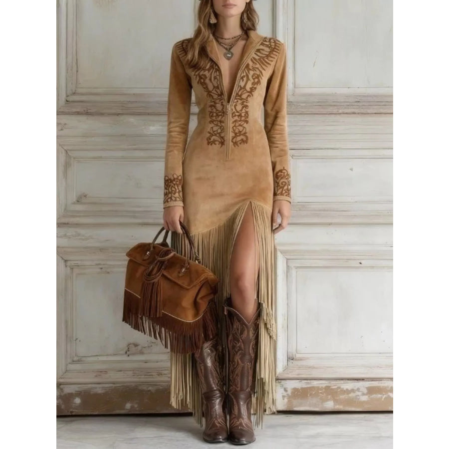 Full Size Western-Inspired Suede Fringed Maxi Dress with Embroidered Detailing Plus Camel / S Apparel and Accessories