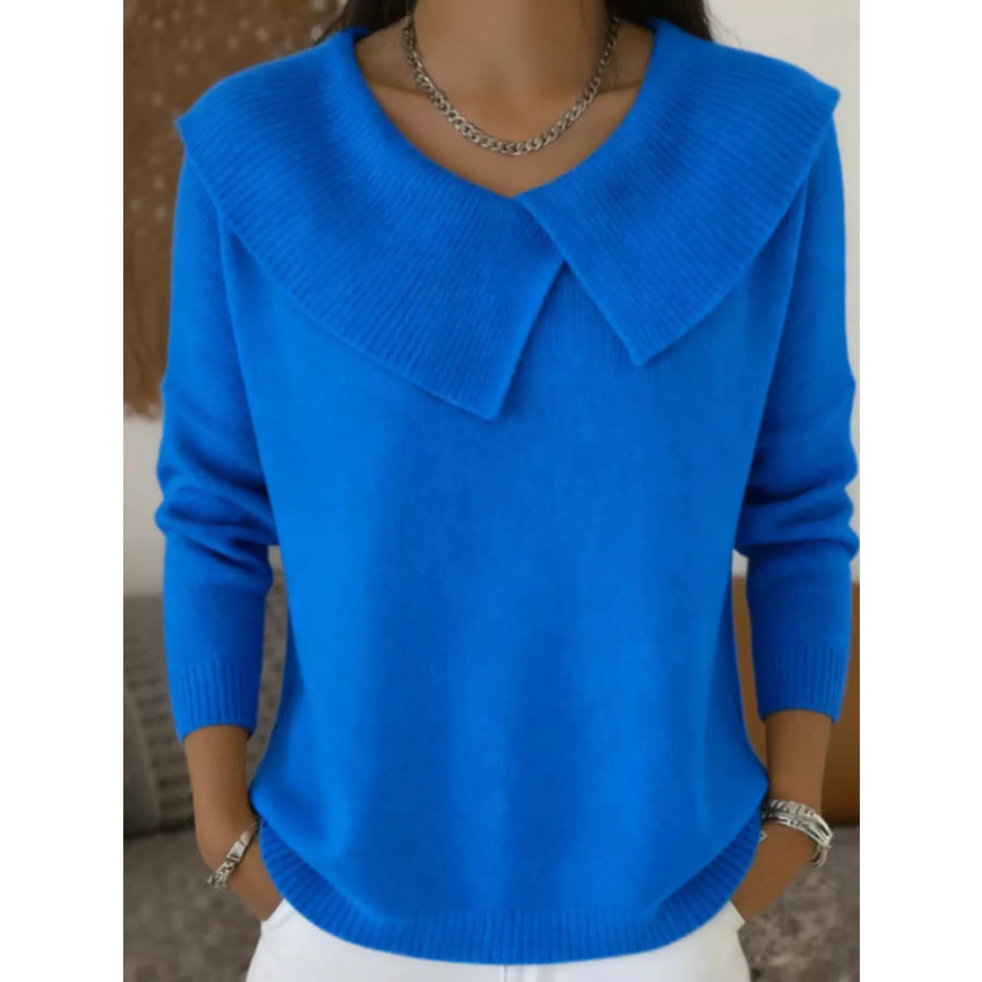 Full Size Wide-Collar Ribbed Knit Sweater Plus Size Blue / S Apparel and Accessories