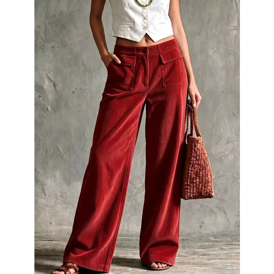 Full Size Wide-Leg Corduroy Pants Plus Size Red / S Apparel and Accessories