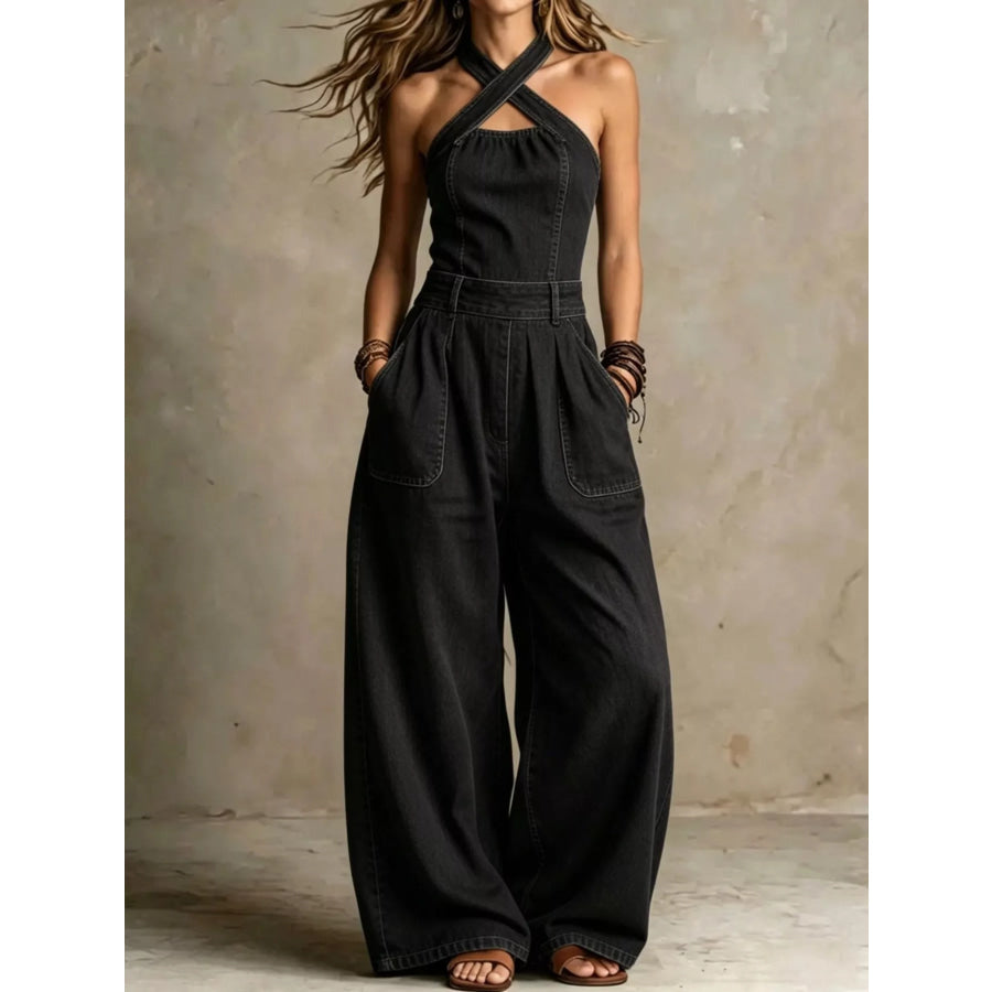 Full Size Wide-Leg Crisscross Denim Jumpsuit Plus Size Black / S Apparel and Accessories