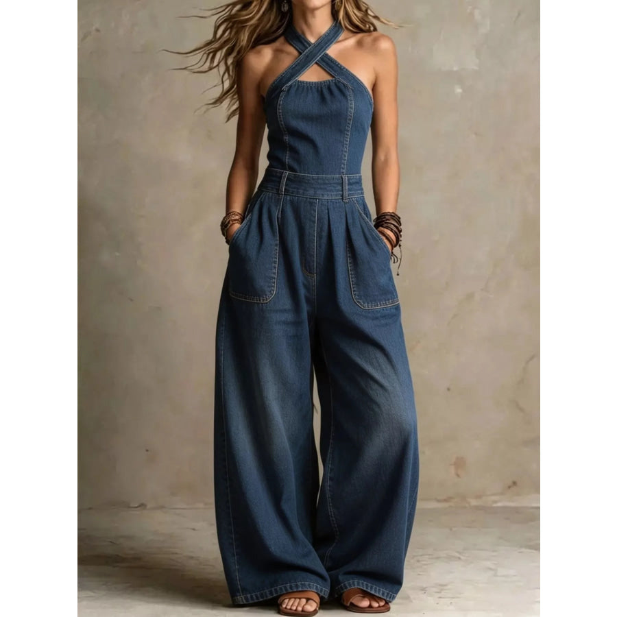 Full Size Wide-Leg Crisscross Denim Jumpsuit Plus Size Dark Blue / S Apparel and Accessories