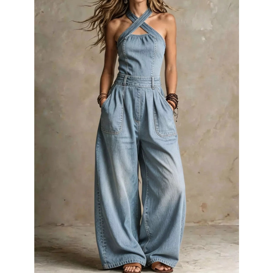 Full Size Wide-Leg Crisscross Denim Jumpsuit Plus Size Dark Blue / S Apparel and Accessories