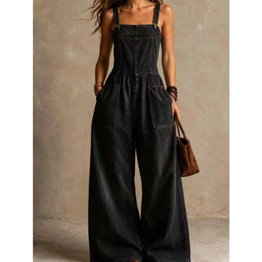 Full Size Wide Leg Denim Jumpsuit with Adjustable Straps and Pockets Plus Size Black / S Apparel and Accessories
