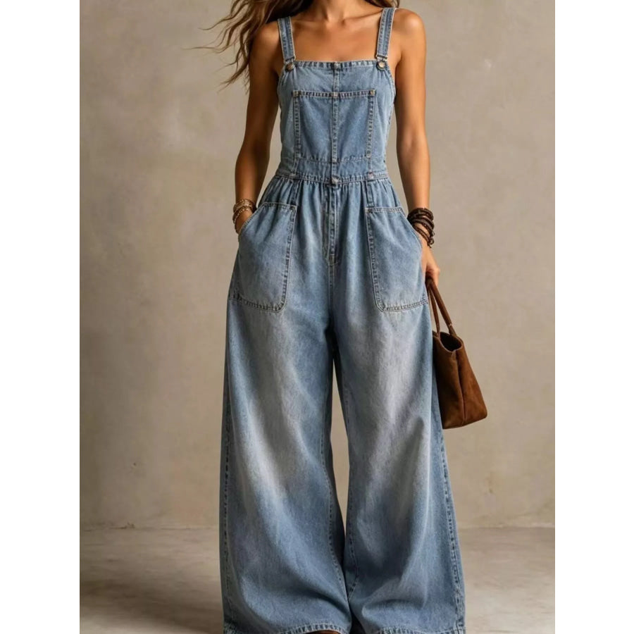 Full Size Wide Leg Denim Jumpsuit with Adjustable Straps and Pockets Plus Size Sky Blue / S Apparel and Accessories