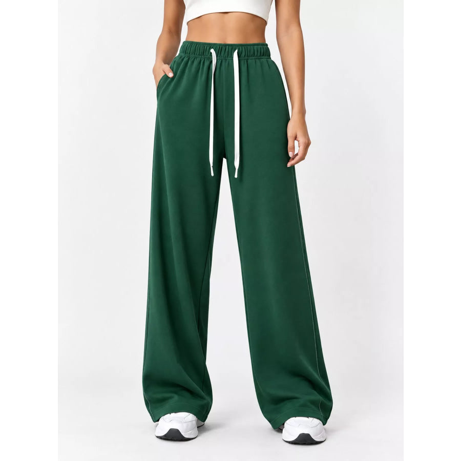 Full Size Wide-Leg Pants with Drawstring Plus Dark Green / S Apparel and Accessories