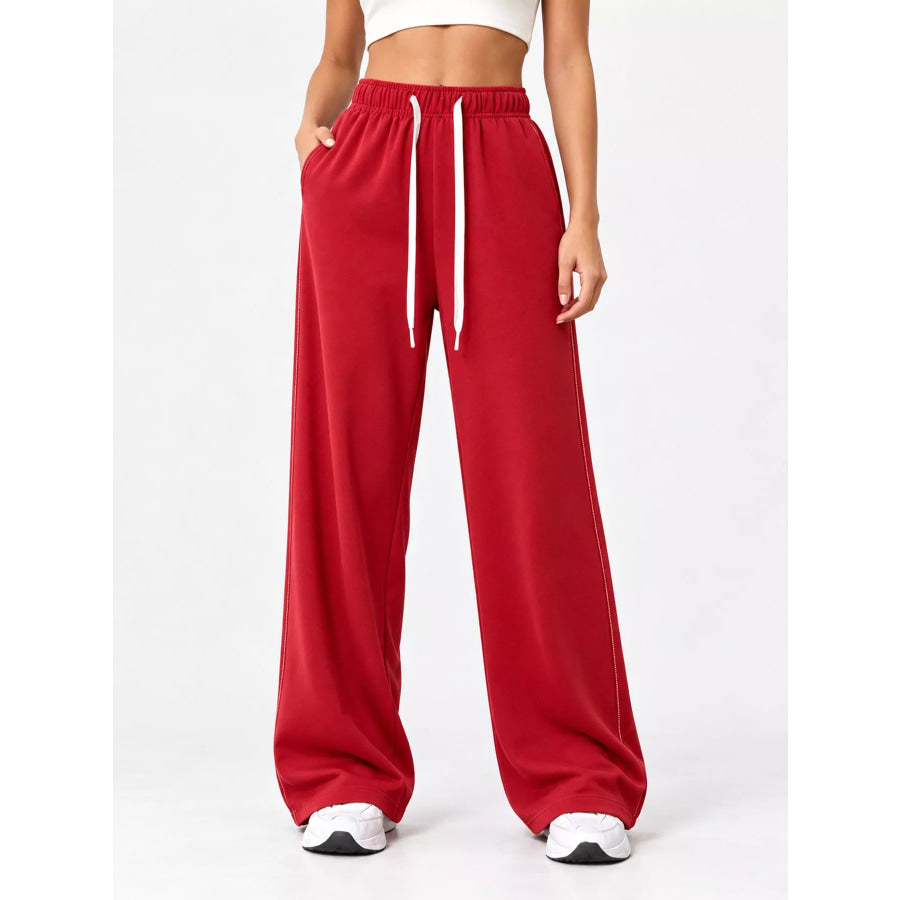 Full Size Wide-Leg Pants with Drawstring Plus Red / 2XL Apparel and Accessories