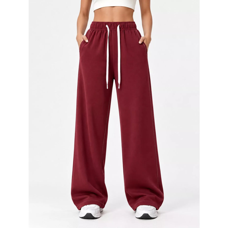 Full Size Wide-Leg Pants with Drawstring Plus Wine Red / S Apparel and Accessories