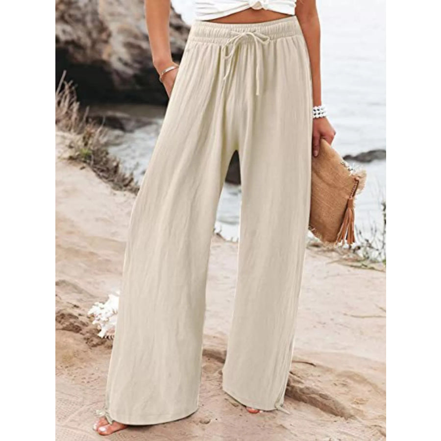 Full Size Wide Leg Pants with Drawstring Waist Plus Size Apricot / S Apparel and Accessories