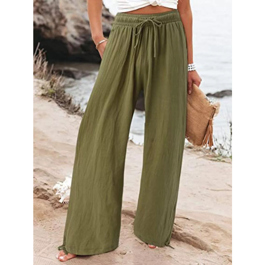 Full Size Wide Leg Pants with Drawstring Waist Plus Size Army Green / S Apparel and Accessories