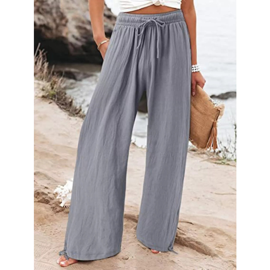 Full Size Wide Leg Pants with Drawstring Waist Plus Size Grey / S Apparel and Accessories