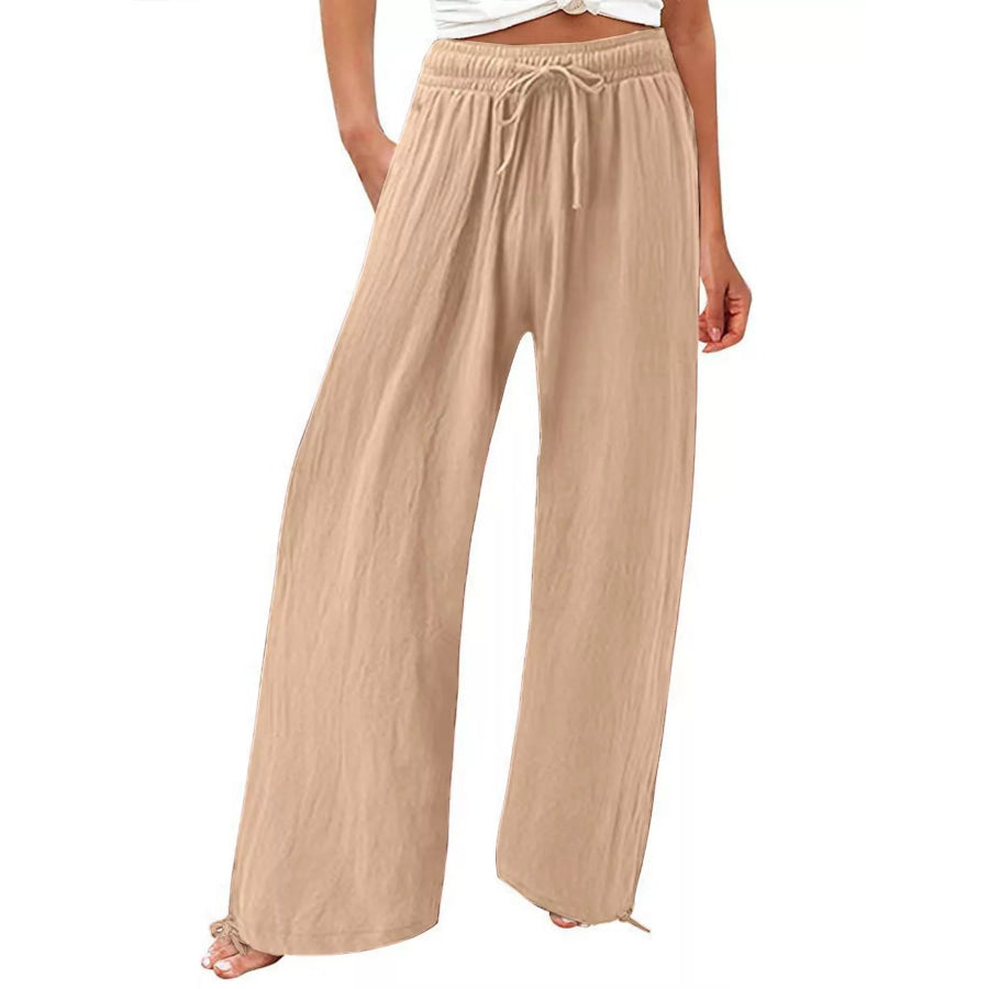 Full Size Wide Leg Pants with Drawstring Waist Plus Size Khaki / S Apparel and Accessories