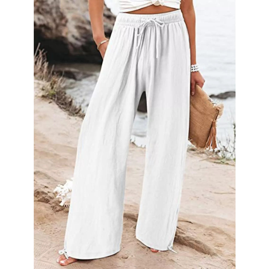 Full Size Wide Leg Pants with Drawstring Waist Plus Size White / S Apparel and Accessories