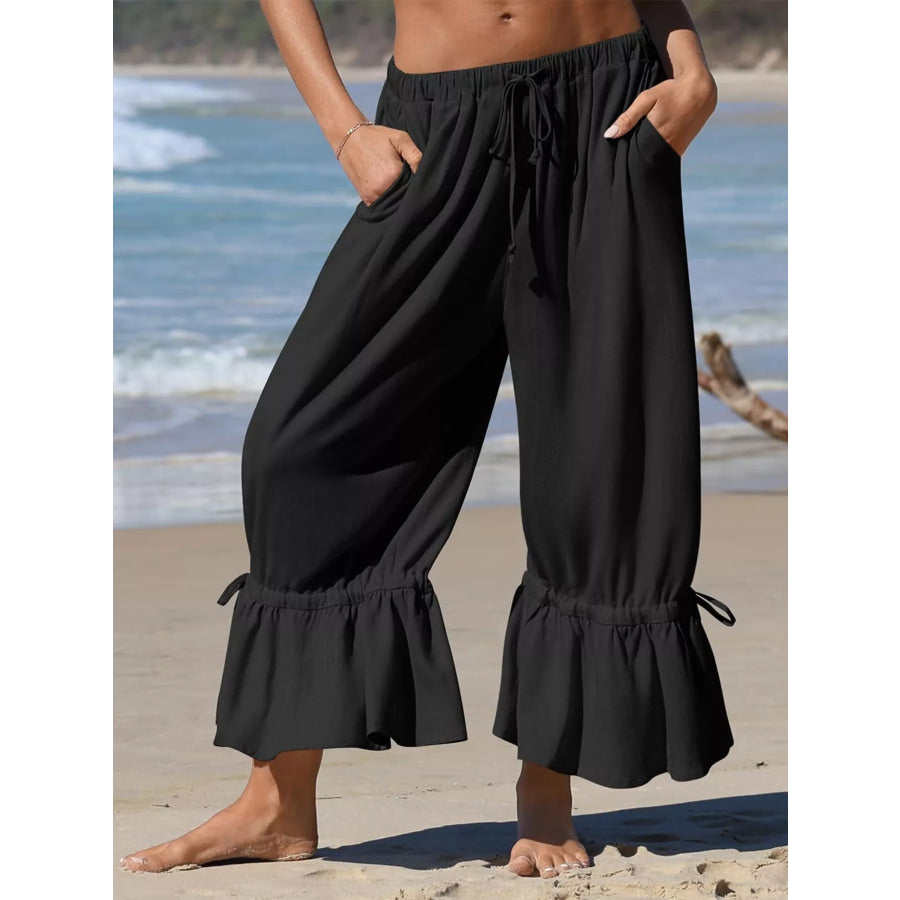 Full Size Wide-Leg Pants with Ruffle Hem Plus Size Black / S Apparel and Accessories