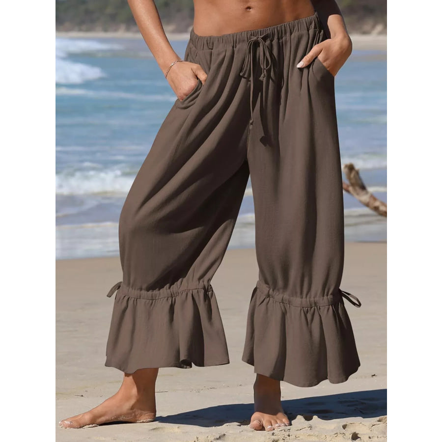 Full Size Wide-Leg Pants with Ruffle Hem Plus Size Brown / S Apparel and Accessories
