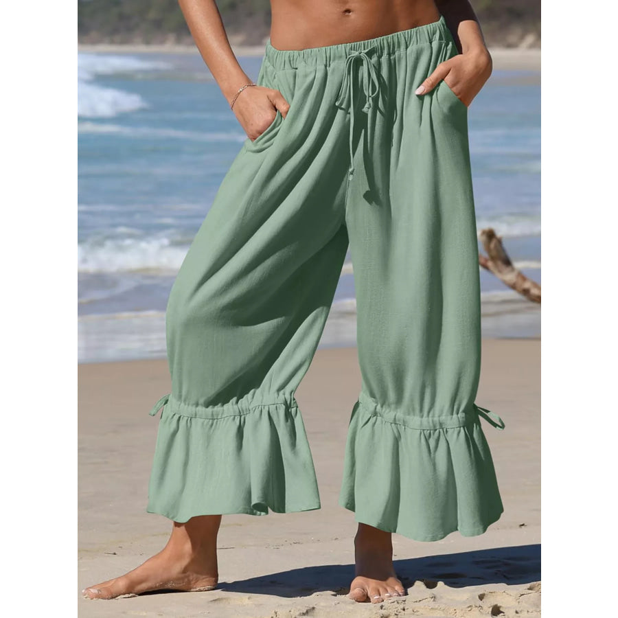 Full Size Wide-Leg Pants with Ruffle Hem Plus Size Gum Leaf / S Apparel and Accessories
