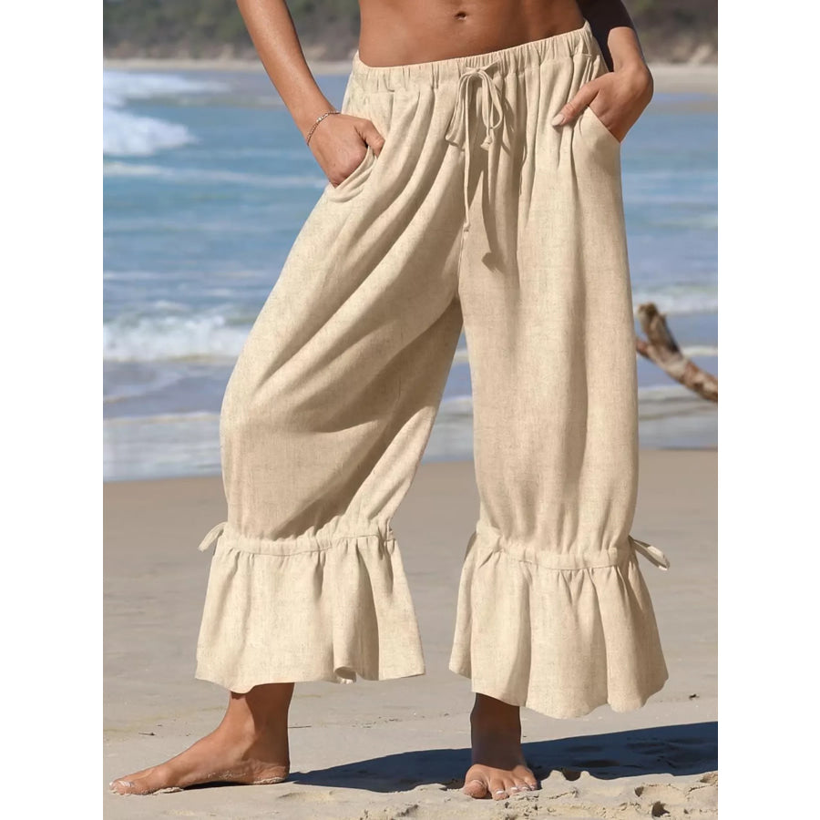 Full Size Wide-Leg Pants with Ruffle Hem Plus Size Khaki / S Apparel and Accessories