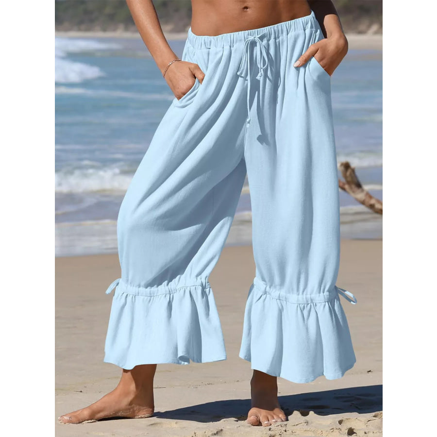 Full Size Wide-Leg Pants with Ruffle Hem Plus Size Light Blue / S Apparel and Accessories