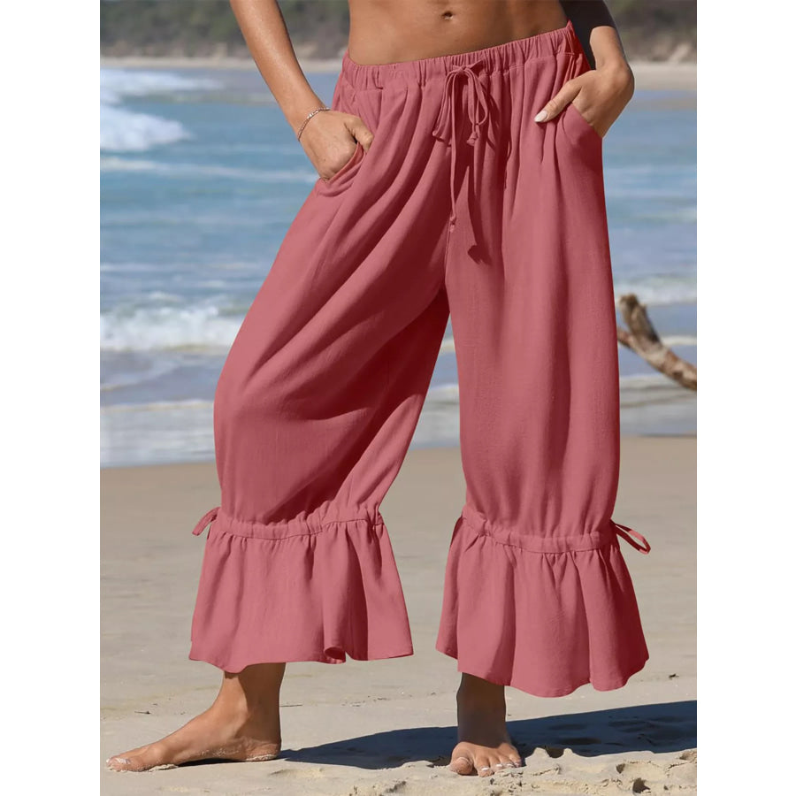Full Size Wide-Leg Pants with Ruffle Hem Plus Size Watermelon Red / S Apparel and Accessories