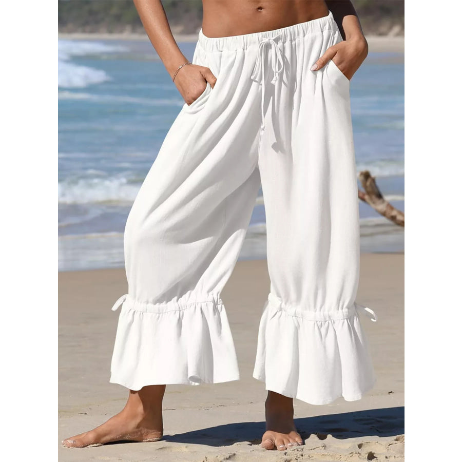 Full Size Wide-Leg Pants with Ruffle Hem Plus Size White / S Apparel and Accessories