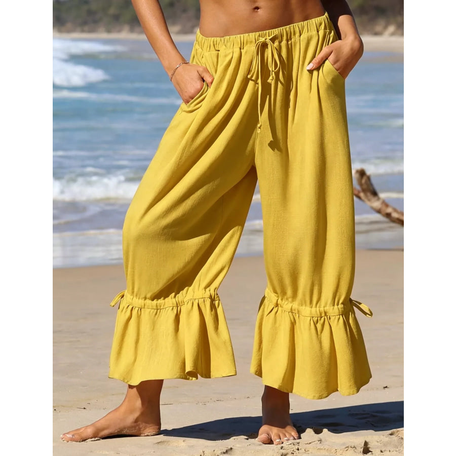 Full Size Wide-Leg Pants with Ruffle Hem Plus Size Yellow / S Apparel and Accessories