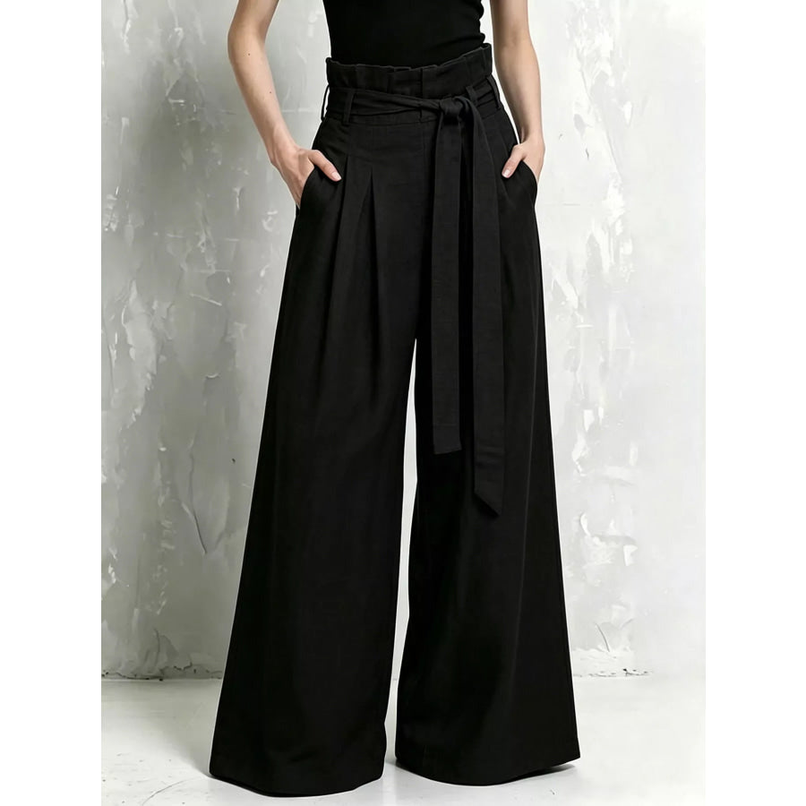 Full Size Wide-Leg Paperbag Waist Pants Plus Size Black / S Apparel and Accessories