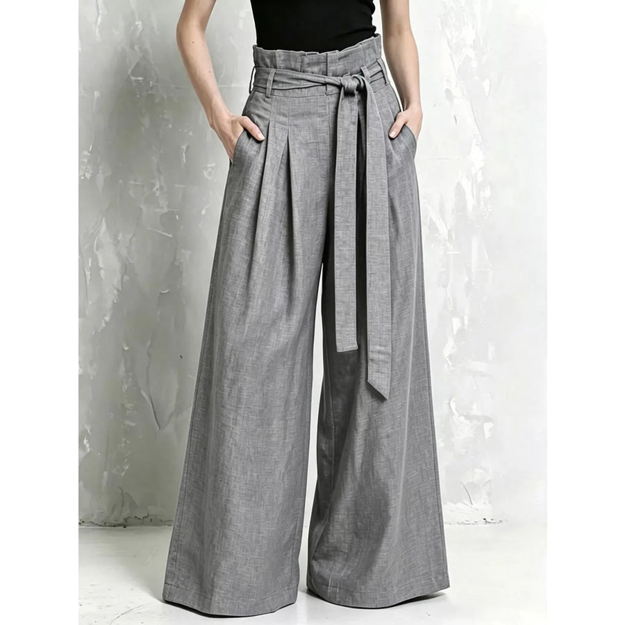 Full Size Wide-Leg Paperbag Waist Pants Plus Size Gray / S Apparel and Accessories