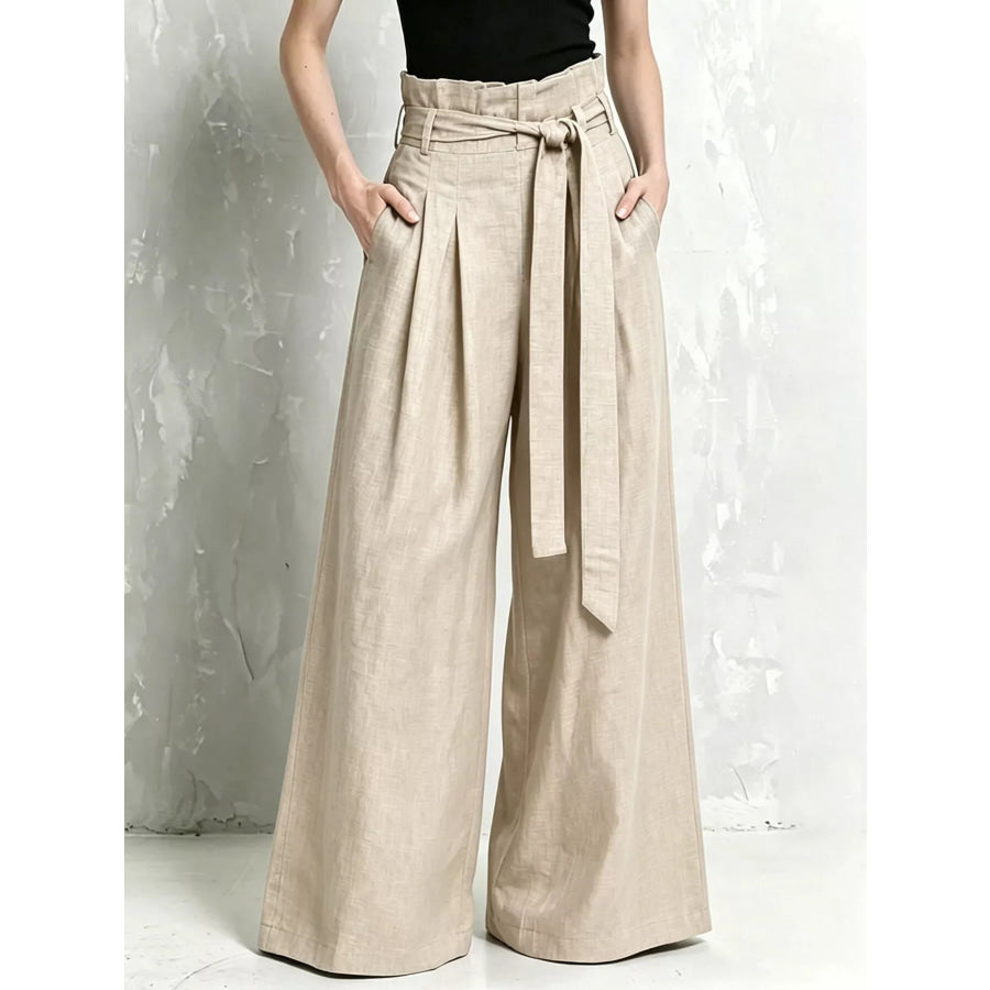 Full Size Wide-Leg Paperbag Waist Pants Plus Size Khaki / S Apparel and Accessories