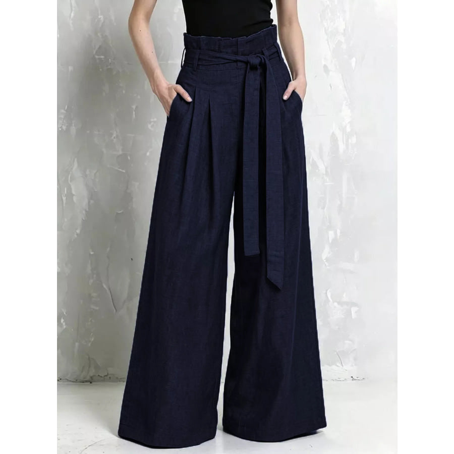 Full Size Wide-Leg Paperbag Waist Pants Plus Size Navy / S Apparel and Accessories