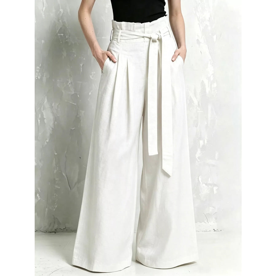Full Size Wide-Leg Paperbag Waist Pants Plus Size White / S Apparel and Accessories